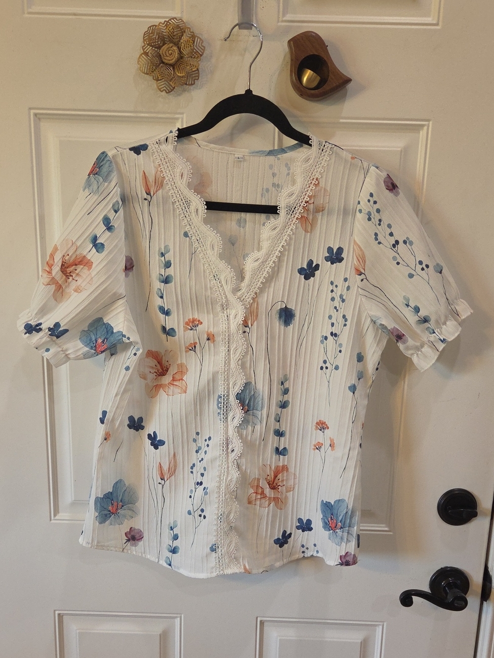 Floral Lace-Trim V-Neck Blouse - White with Blue & Peach Flowers